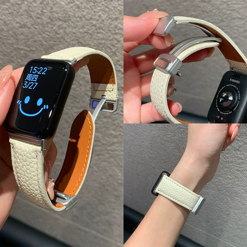 Ремешок для Apple Watch S10, узор личи, магнитное крепление, кожаный ремешок для Xiaomi 8/9 Pro, совместим с Fit3, красный