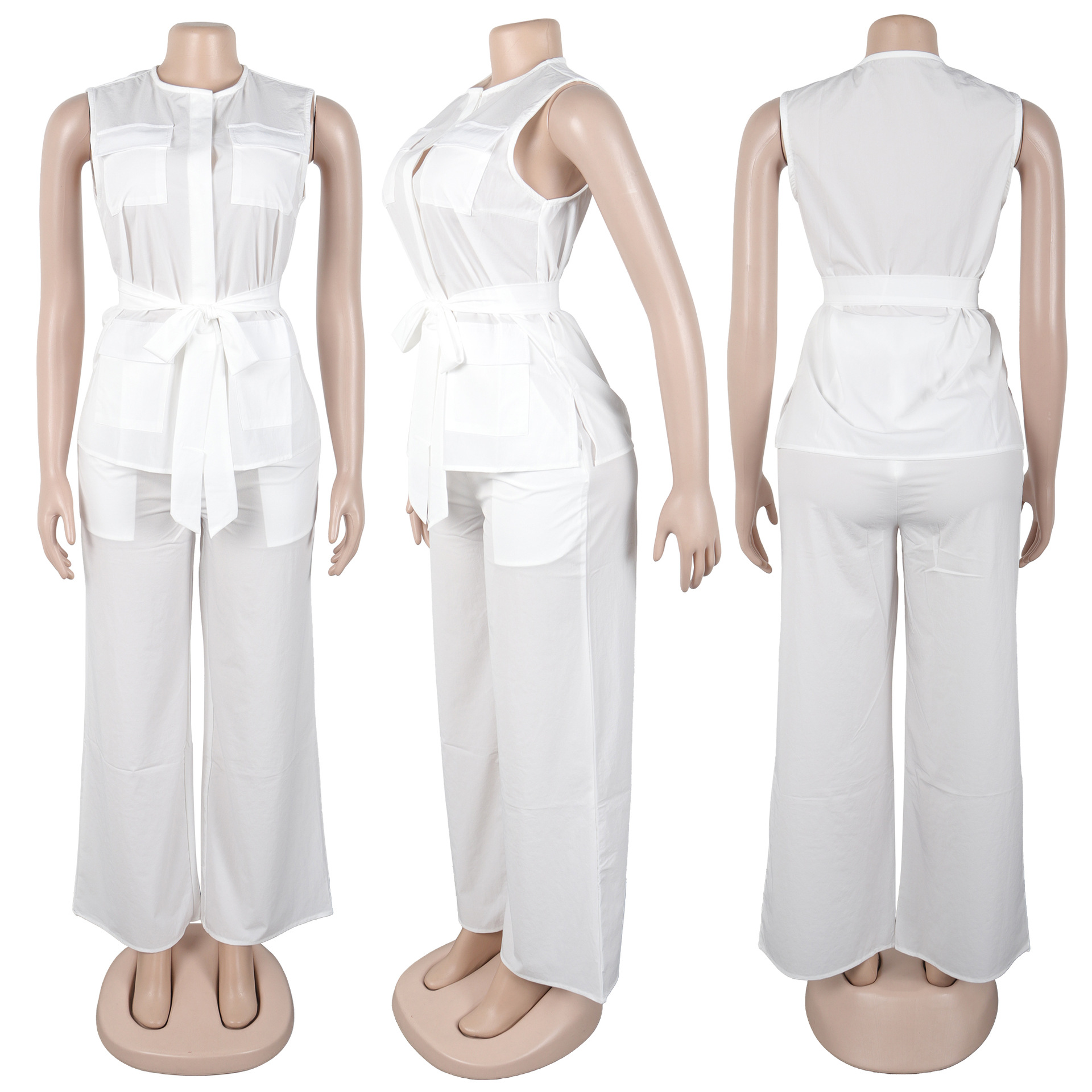 Elegant Sleeveless Vest & Wide-Leg Pants Set – Breathable Polyester Two-Piece Outfit (White/Pink/Yellow/Orange, S-3XL)​_ecoleips.com