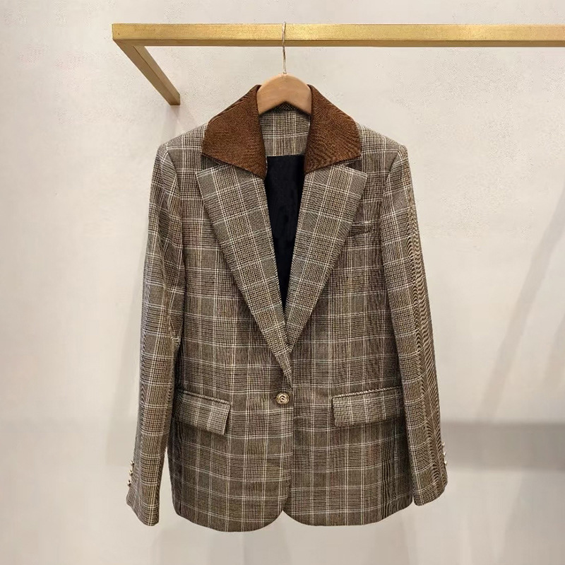 Qadın plaid jaket, retro üslub, tək düyməli, yaxası çıxarıla bilən