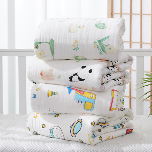 6-layer gauze pure cotton children's quilt blanket crumpled towel blanket bubble gauze bath towel cartoon print blanket 110*110 