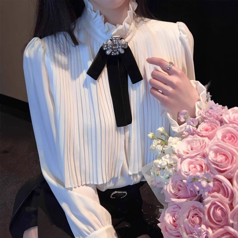 Wrinkled Stand-Up Collar Bow Puff Sleeve Shirt for Women 2025 New Autum Inner Shirt Small Fragrance 2102 Wrinkled Stand-Up Collar Bow Puff Sleeve Shirt for Women 2025 New Autum Inner Shirt Small Fragrance 2102