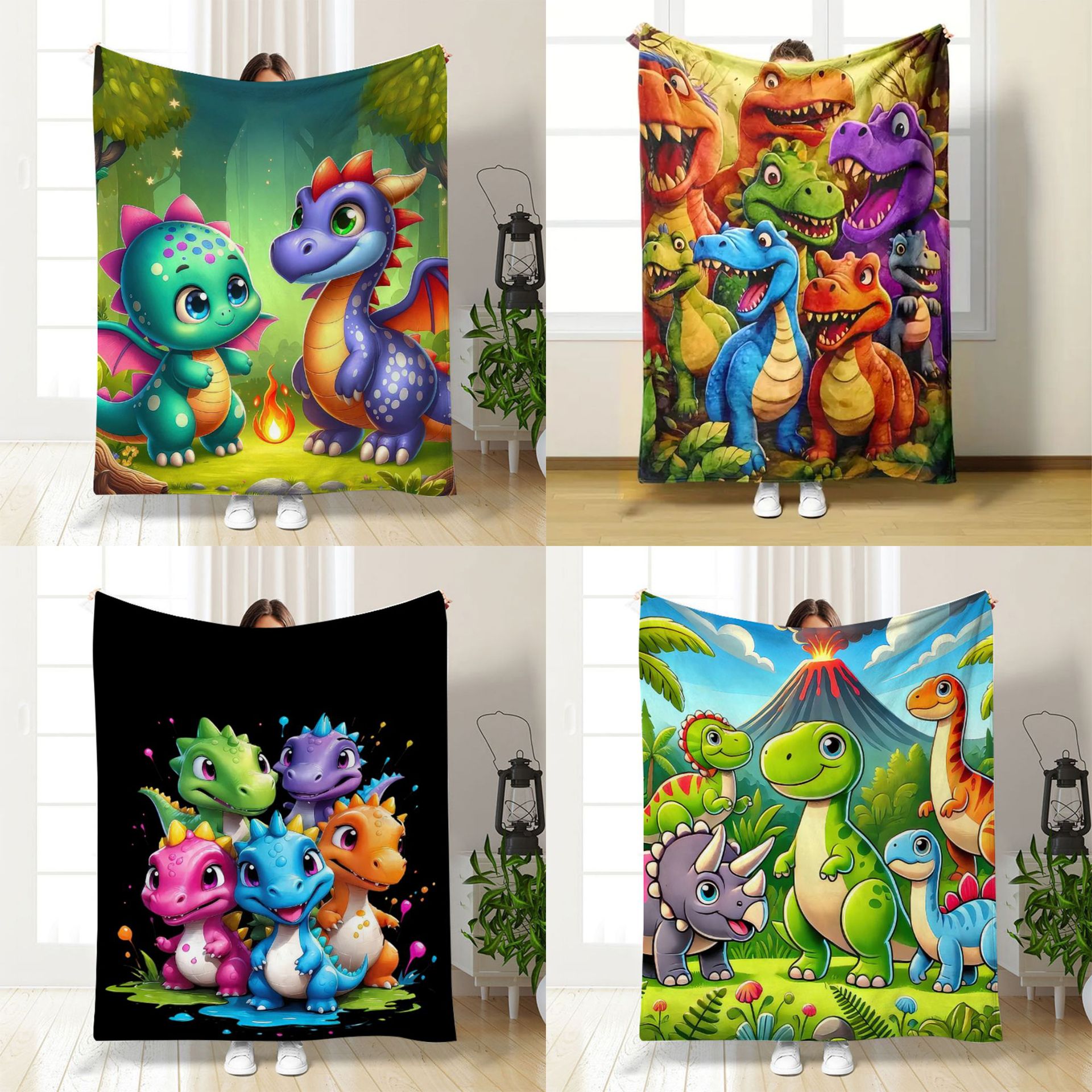 Cross-border Trade temu Cartoon Dinosaur Flannel Blanket Digital Printing Thermal Transfer Air Conditioning Lunch Break Blanket