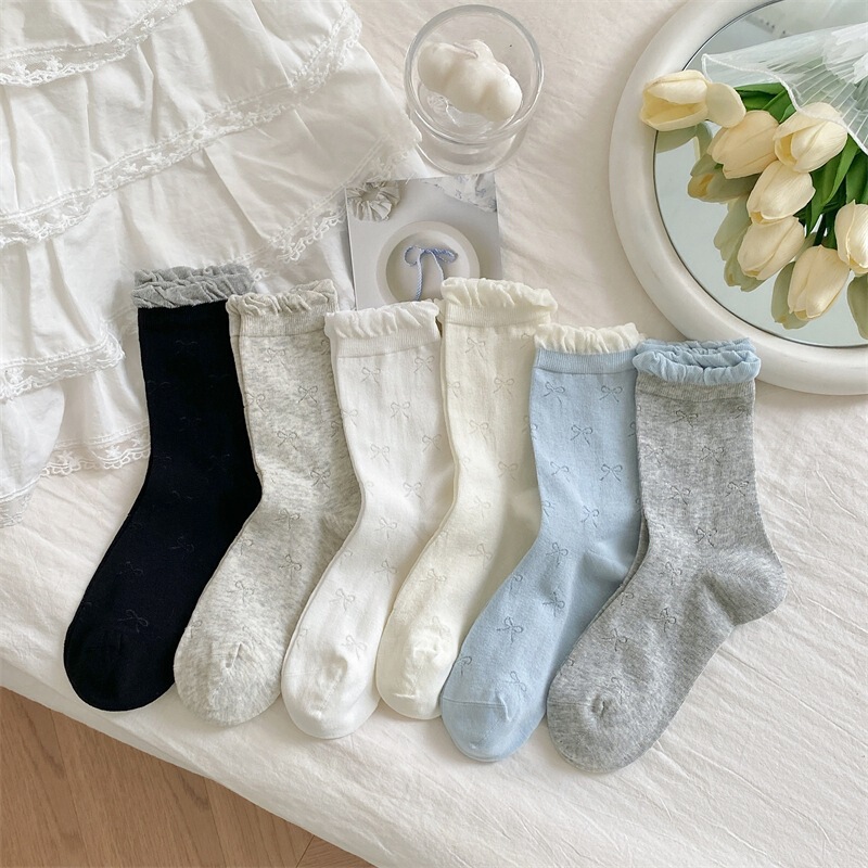 Miu Ballet Style Bow Bubble Mouth Stack Socks Summer Mesh Thin Mid-Socks Boneless Lace Anti-Pilling