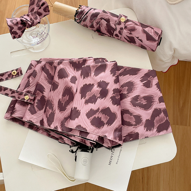 Ins Berry Pink Leopard Print Foldableing Umbrella Sun Protection Uv Protection Vinyl Parasol Rain or Shine Automatic Sun Umbrella Ins Berry Pink Leopard Print Foldableing Umbrella Sun Protection Uv Protection Vinyl Parasol Rain or Shine Automatic Sun Umbrella