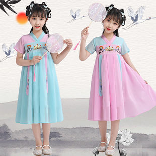 Girls' Hanfu Ruffle Dress Ancient Style Fairy Chinese Style Chiffon Dress Fashionable Short Sleeve Retro 2025 Spring Summer Baby Dress