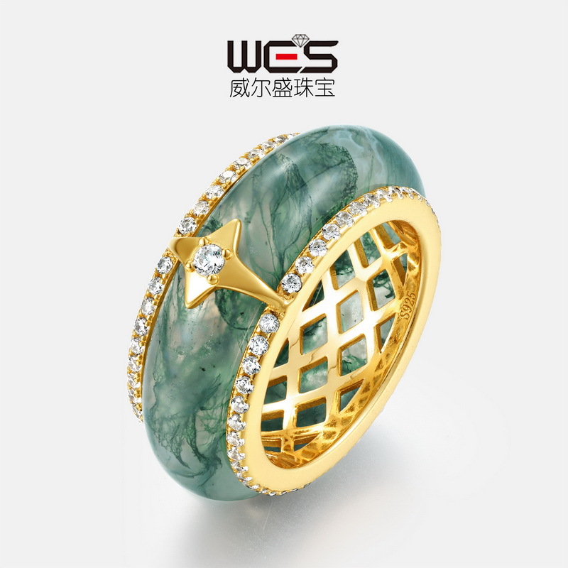 Nuevo anillo de ágata de hierba de agua natural de lujo ligero transfronterizo europeo y americano S925 anillo de dedo de piedra de musgo verde chapado en oro plateado dos