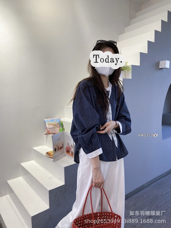 秋季纯棉条纹上衣女2025款设计感简韩系宽松休闲百搭长袖衬衫R20|undefined
