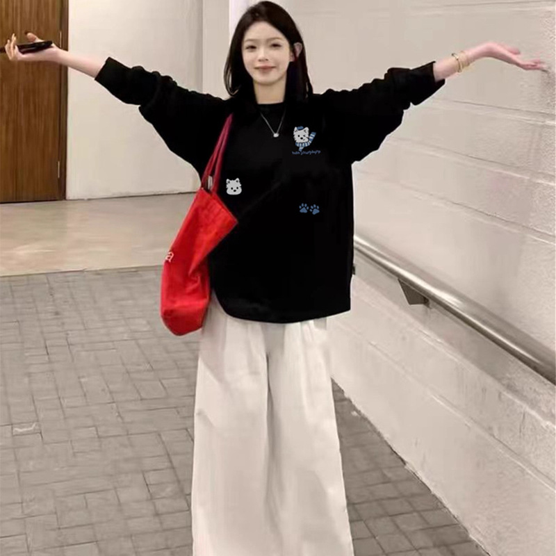 Heavy Weightweight Pure Cotton Long-Sleeved T-Shirt for Women, New Spring, Autumn and Winter Style, Can Be Worn Inside or Outside, Creative Cartoon Age-Reducing Loose Top