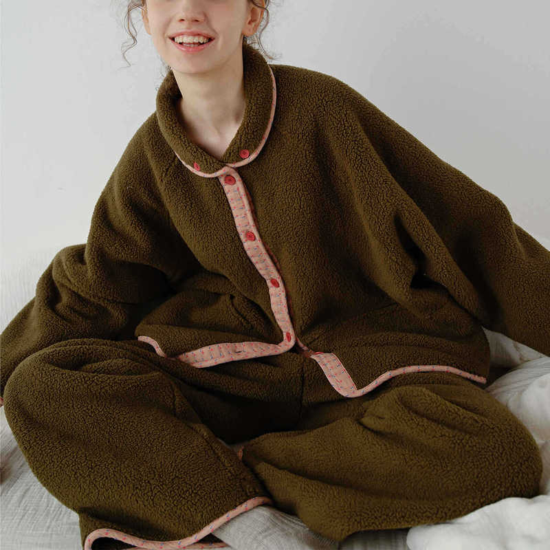Korean Style Gentle and Sweet Floral Hemmed Polar Fleece Pajamas for Women Autumn and Winter New Warm Casual Home Wear Set