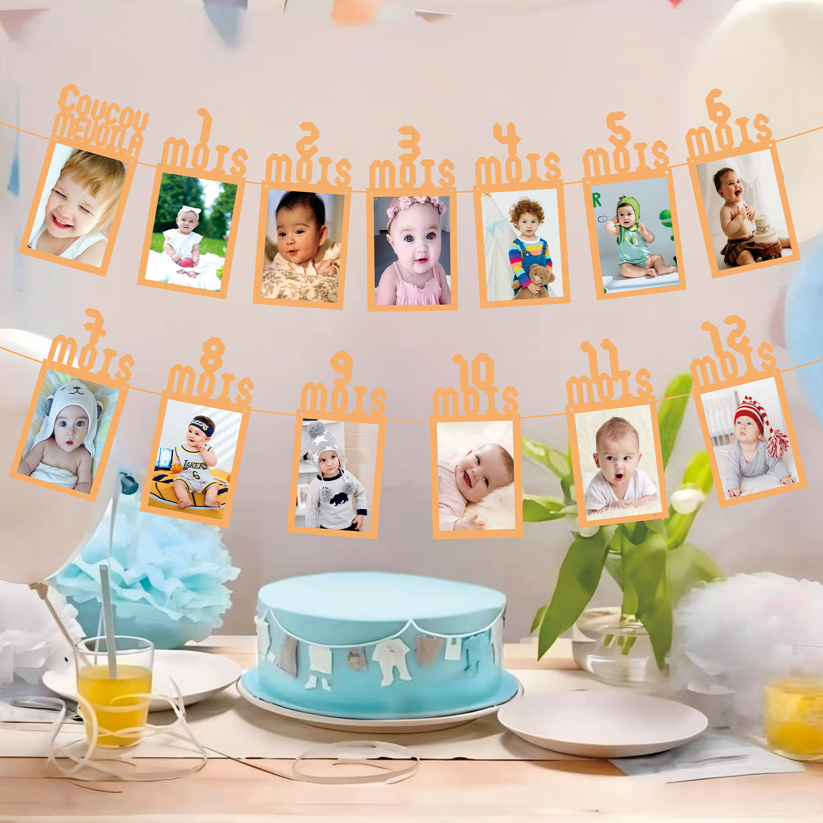 法语数字 宝宝周岁拉旗13张生日照片墙装饰 生日派对布置吊旗横幅