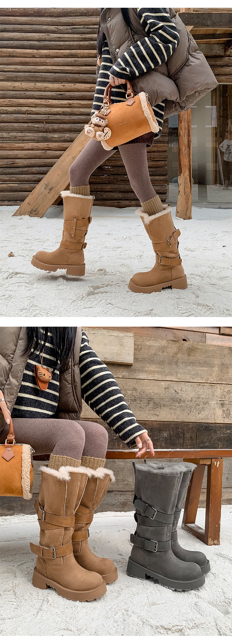 Boot tuyết nữ cổ cao lót lông cừu ấm áp đế dày khóa thắt lưng — màu kê chi tiết 12
