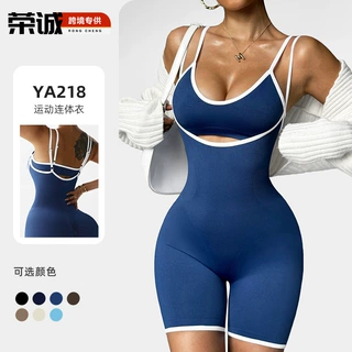 跨境高弹无缝连体衣女收腰收腹塑身瑜伽连体服双肩带镂空健身服