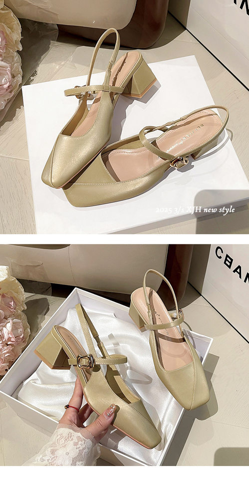 Giày Mary Jane nữ gót thô 3–6 cm mũi vuông quai móc hở gót kiểu Pháp — Màu kaki, Màu trắng be, Màu vàng nhạt chi tiết 16