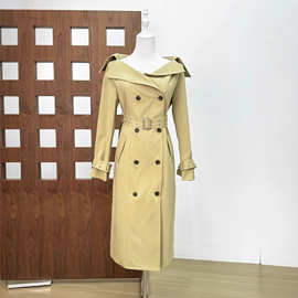 25秋复古大翻领长袖收腰双排扣露肩一字领长款风衣女外套小众礼服