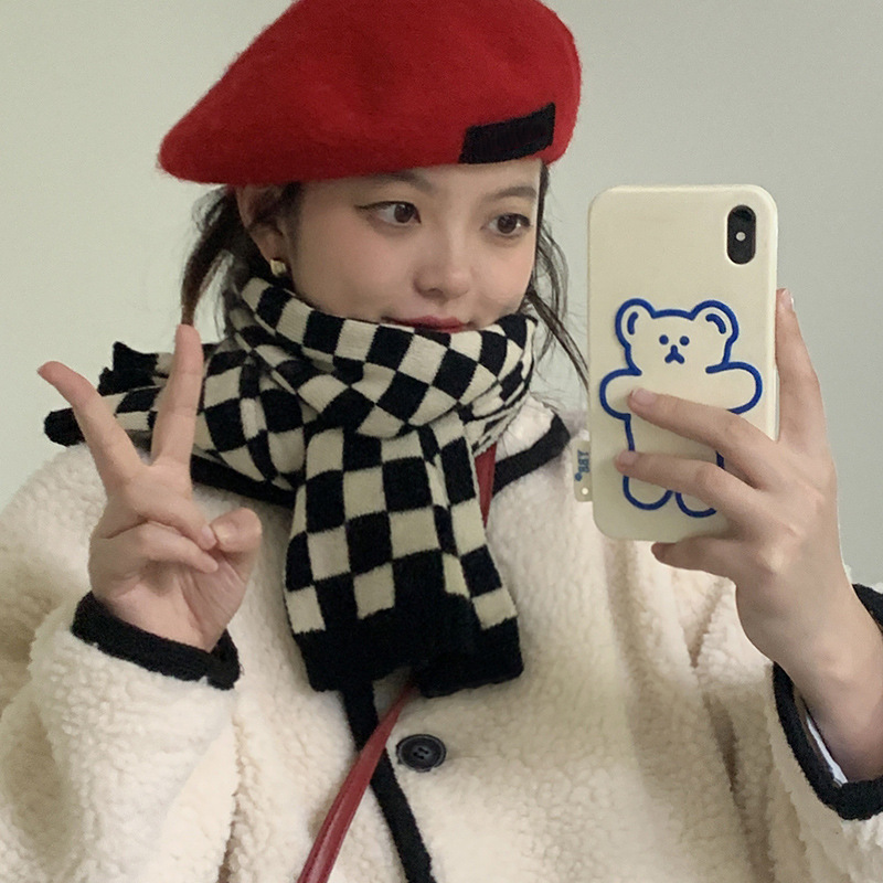 Xiaozhong Chessboard Knitted Woolen Women's Winter Black White Checkered Pattern Korean Version Versatile Student Spring_voghion.com