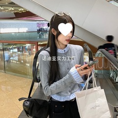 新款早秋季chic上衣设计感小众法式长袖小个子条纹t恤套装女纽扣