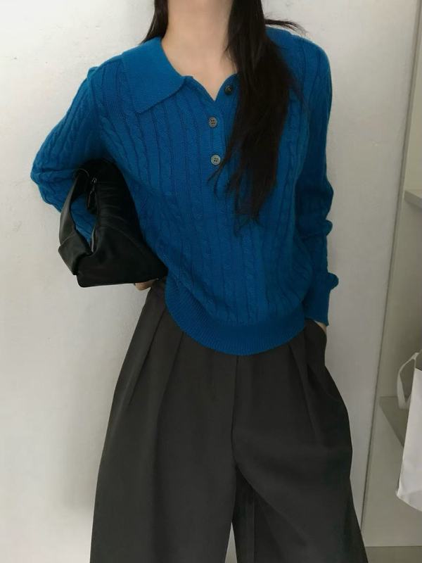 2025秋季新款毛衣蓝色麻花POLO领针织衫女慵懒高级感上衣秋冬女装|undefined