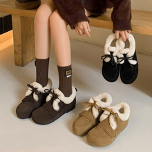 暖呼呼舒适毛毛鞋2023冬季新款平底大圆头牛反绒面系带加绒单鞋女