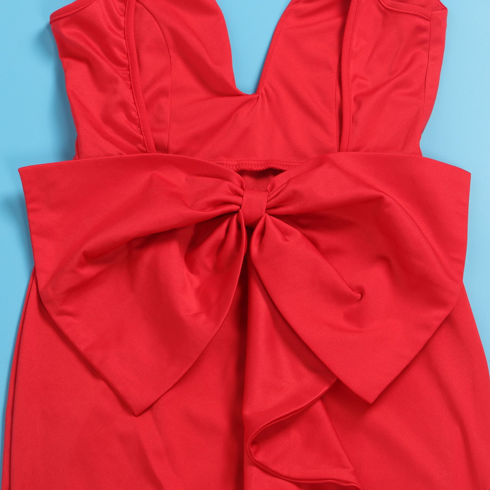 Elegant Women's Backless Deep V Neck Dress With Slit And Bow Detail_voghion.com