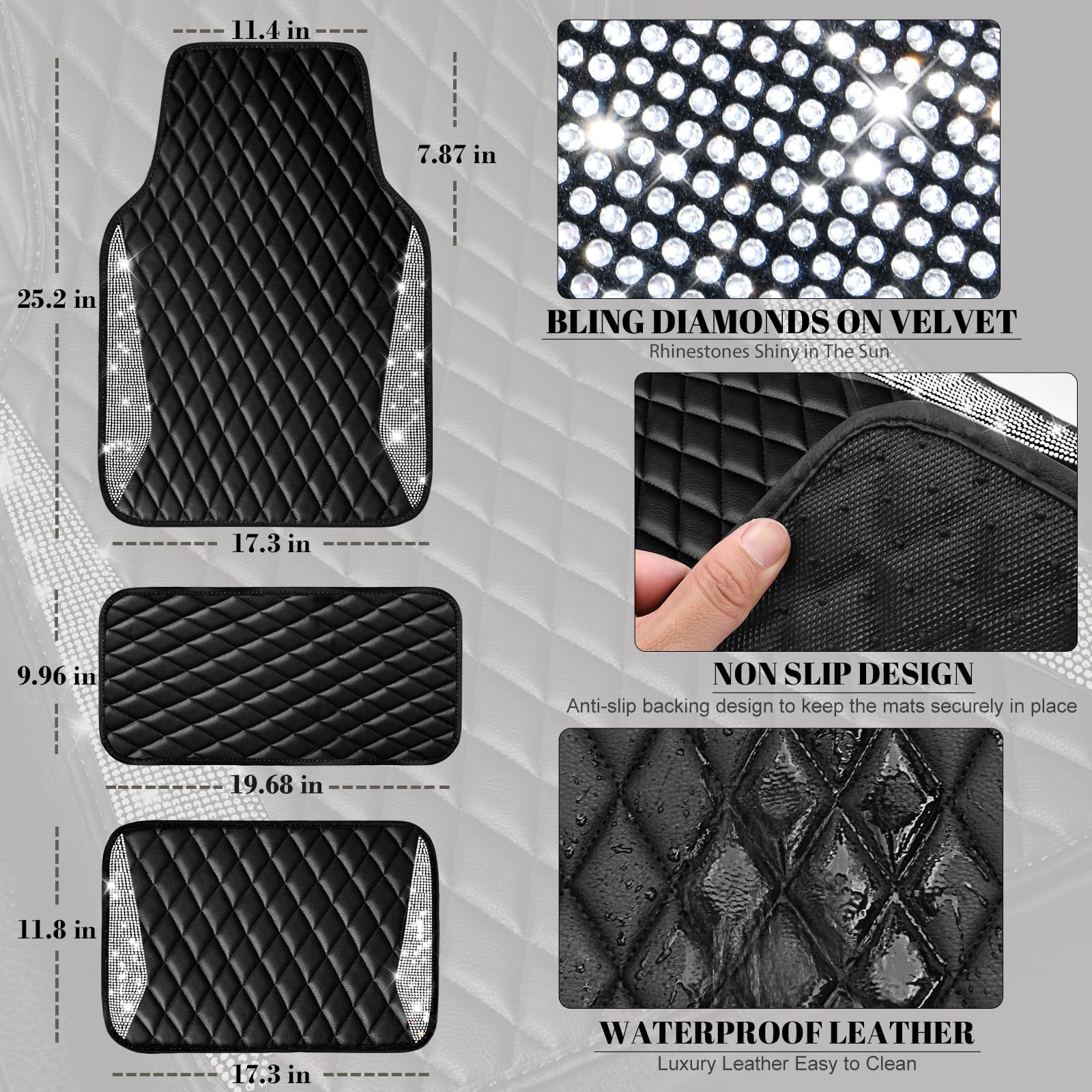 Shiny Leather Car Floor Mat with Rhinestones and Crystals, Universal Non-Slip Waterproof Mat for Women, Rhinestone Car Anti-Slip Mat