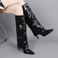 辣妹歐美風秋冬不過膝褲管靴長靴高跟細跟尖頭高筒女靴子騎士長筒