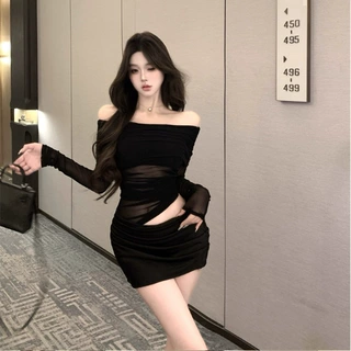 气质网纱拼接长袖连衣裙女春季气质镂空露腰一字肩裙子5636