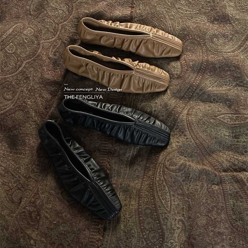 Fengliya 가을 실크 주름 발레 플랫 여성용 다용도 정품 가죽 스퀘어 토 슬립 온 신발 할머니 신발