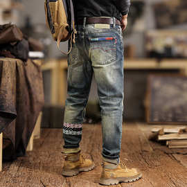 美式高街个性潮牌牛仔裤男秋春夏款复古做旧水洗刮烂修身直筒长裤