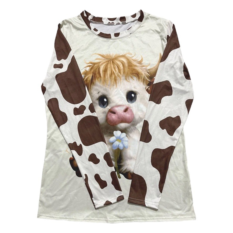 Amazon estación independiente transfronteriza europea y americana primavera y otoño nuevas mujeres pullover Top vaca impreso manga larga Camiseta cuello redondo
