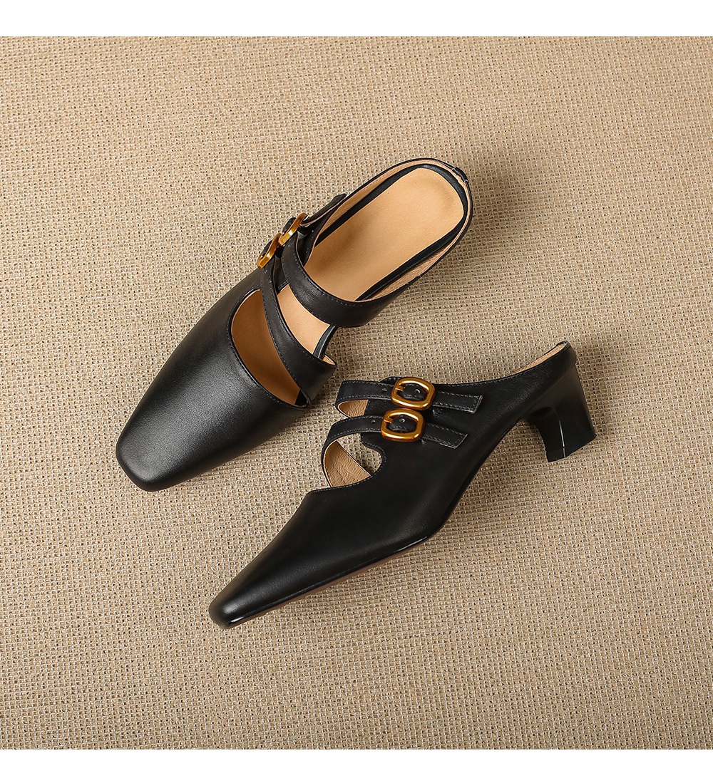 Sandal nữ quai ngang gót vuông ổn định, da bò thật, khóa sau, phong cách Muller — đen chi tiết 14