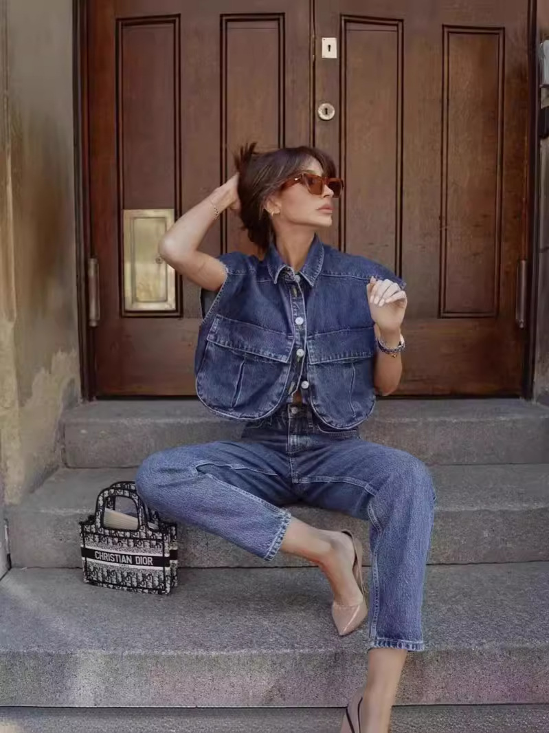 跨境女装批发2025纯色大口袋无袖高级感开衫Polo领牛仔衬衫上衣女