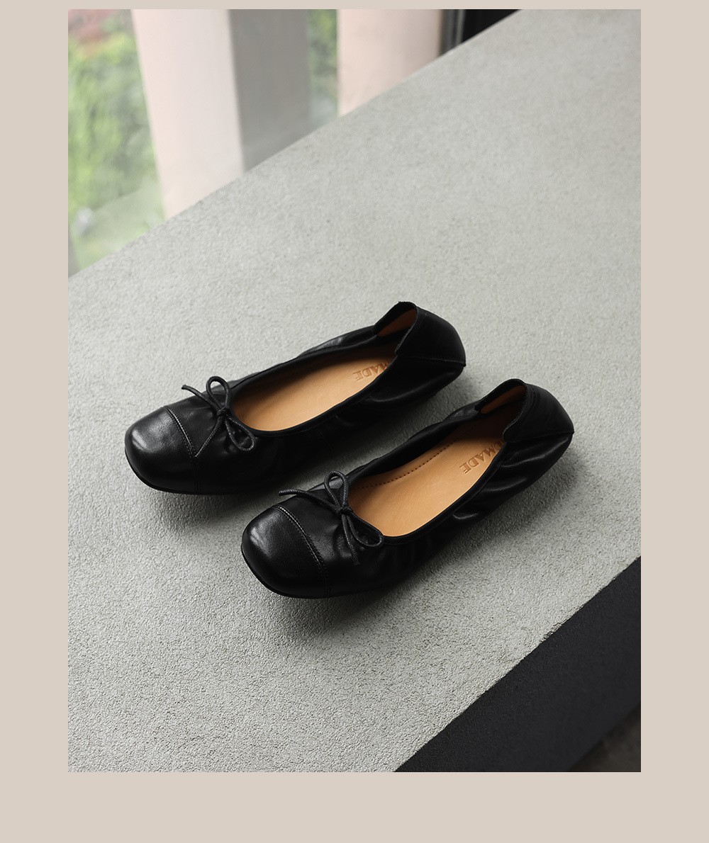 Giày ballet nữ mũi tròn da bò mềm, kiểu trứng cuộn, cổ nông — đen chi tiết 22