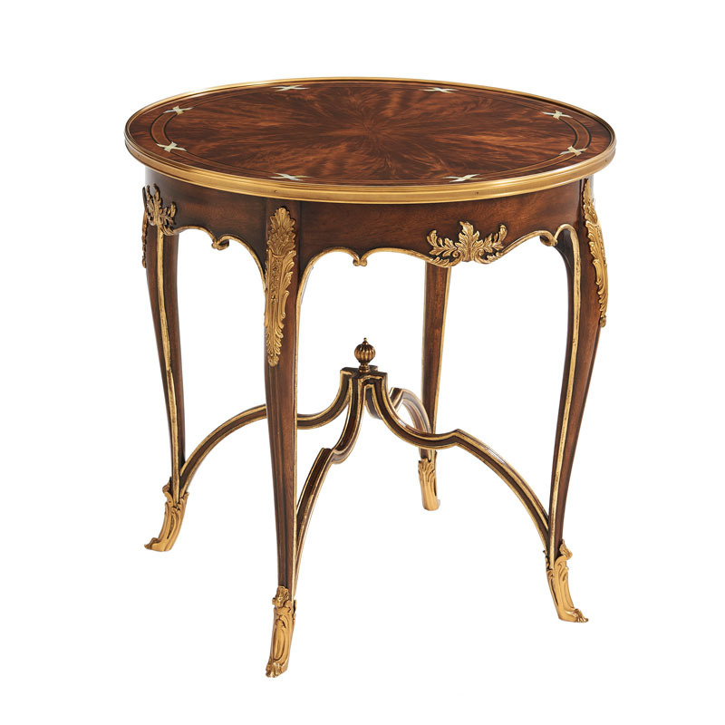 British Alexander-style round side table with neoclassical copper details, small round coffee table for villa and castle, solid wood carved tea table