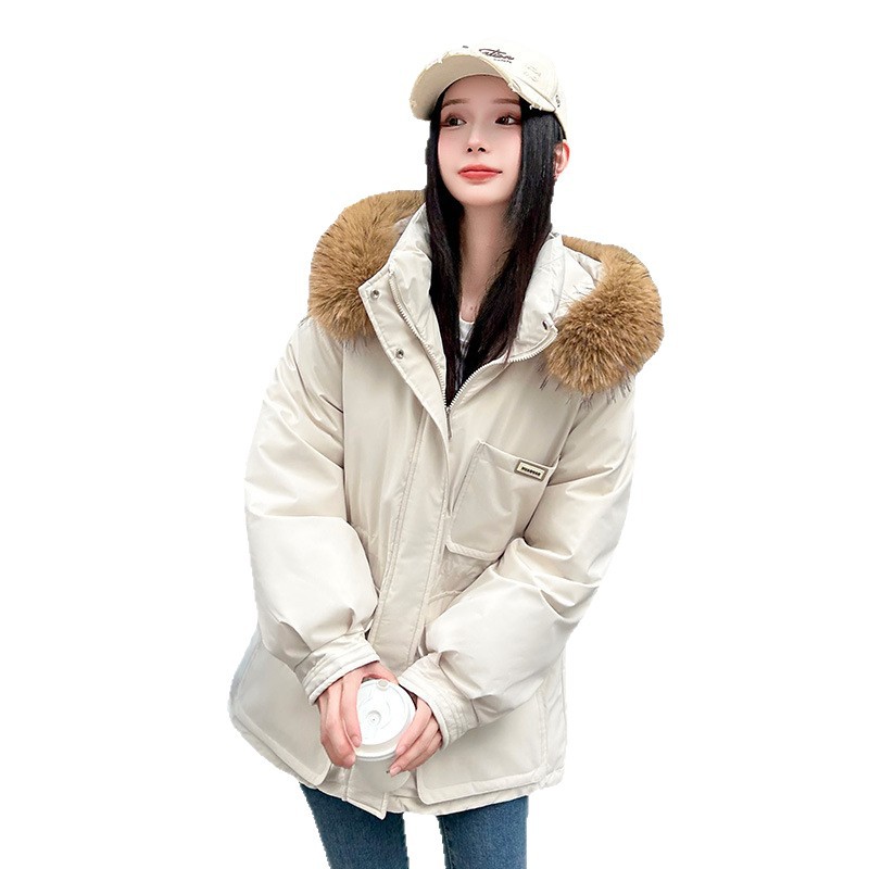 2025 nueva ropa de trabajo de algodón de invierno caliente chaqueta de algodón con capuzas a prueba de viento gran cuello de cabello suelto y grueso chaqueta de moda