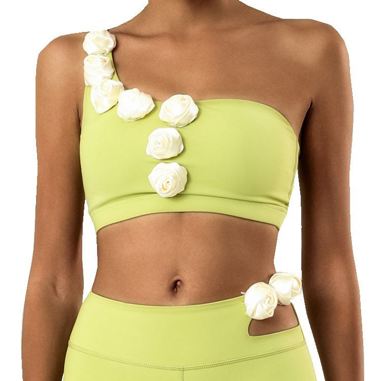 Comercio exterior europeo y americano ropa de yoga transfronteriza mujer con cojín para el pecho envuelto en el pecho a prueba de golpes chaleco deportivo de flores tridimensional de un solo hombro