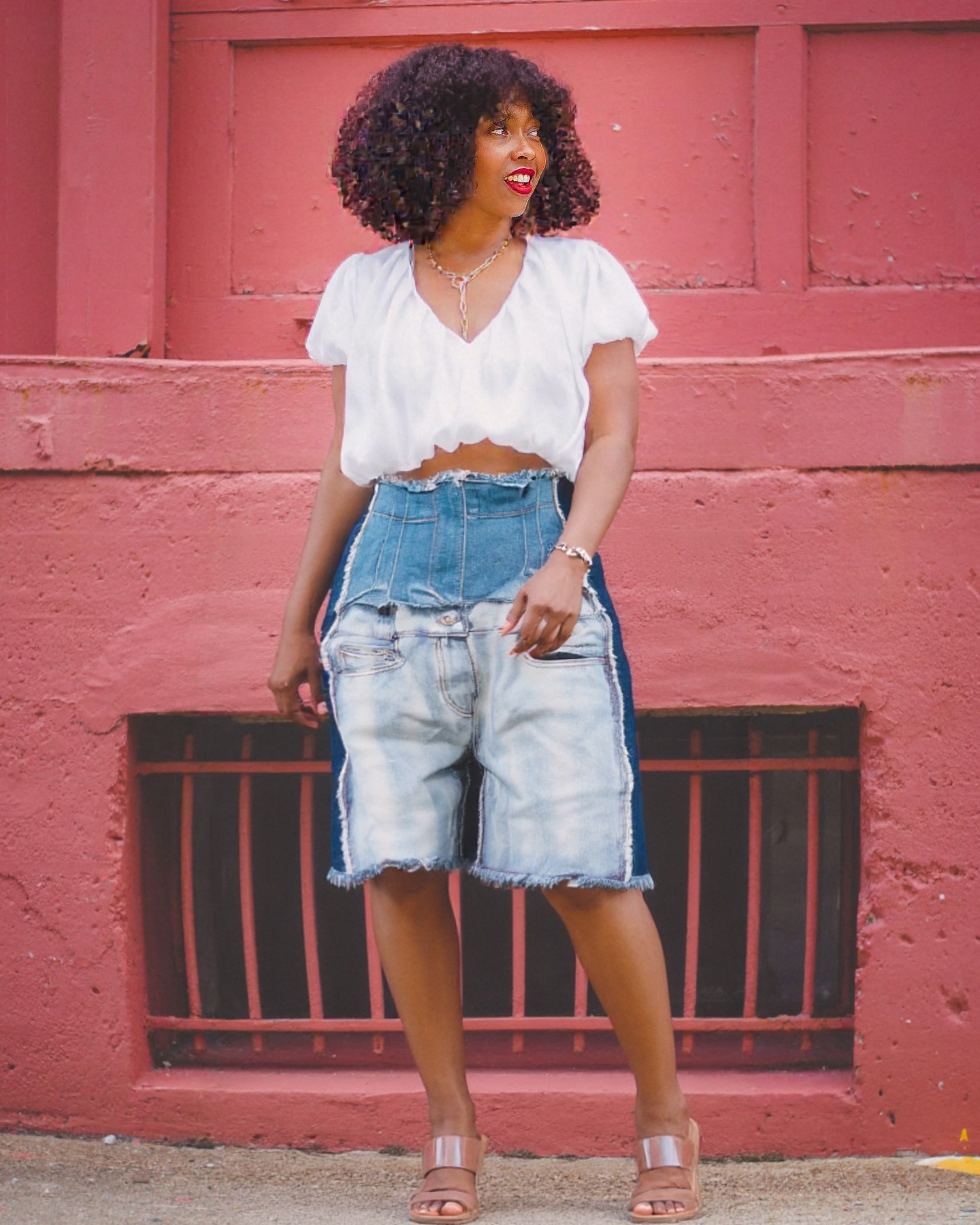 Women's High Waist Distressed Denim Shorts - Patchwork Design Casual Summer Bermuda Jeans (Blue, S-2XL)_mkmklike.com