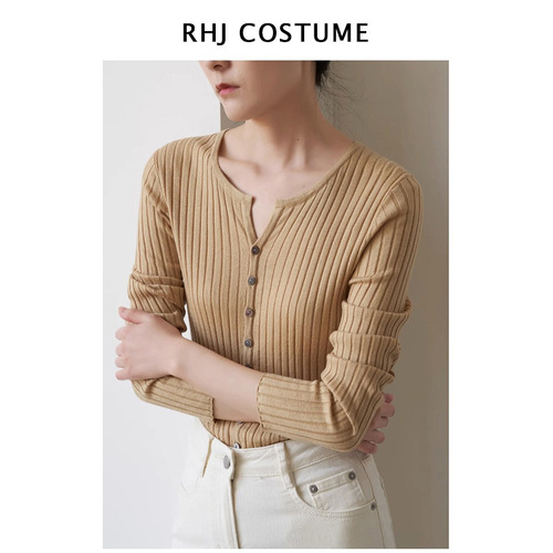 New winter knitted cardigan women's small v-neck pit strip silk cashmere sweater commuter long-sleeved bottoming top