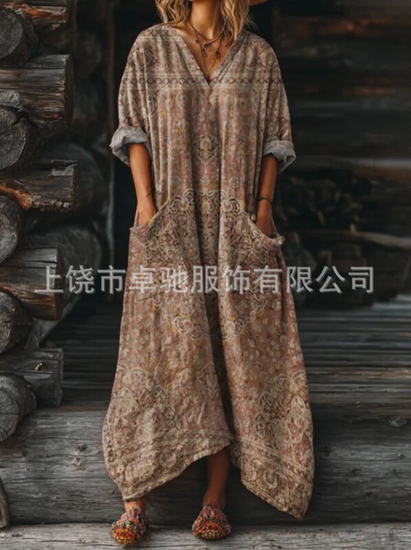 2025新款独立站女式复古花卉艺术图案印花口袋V领口袋连衣裙|undefined