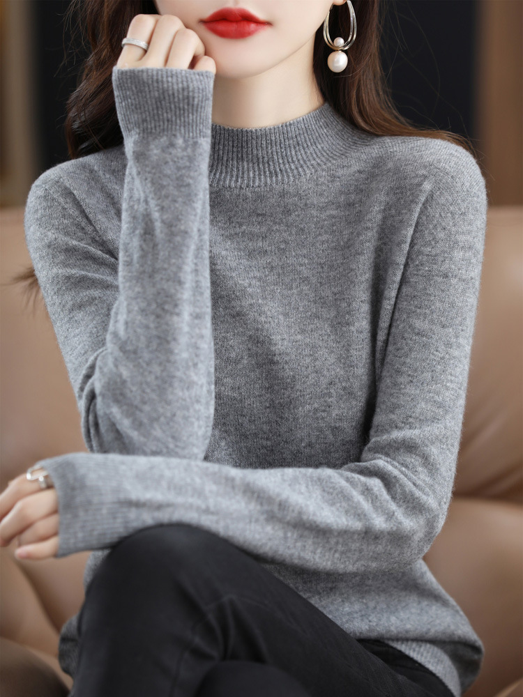 [Compra exclusiva] medio cuello alto sin costuras 100 suéter de lana de primera línea de las mujeres listo para usar camisa de fondo Jersey suéter de cachemira