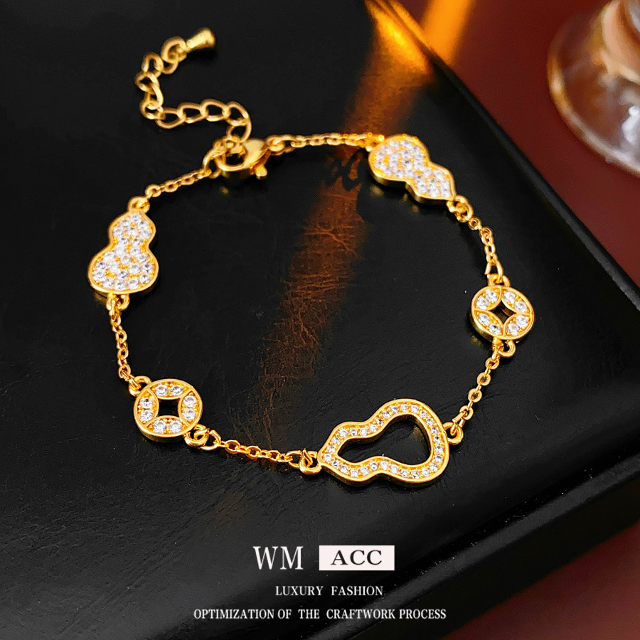 Pulsera de moneda de cobre de calabaza de galvanoplastia de oro real de 24k nuevo estilo chino pulsera retro de todo fósforo de lujo ligero joyería de moda de alta gama image 1