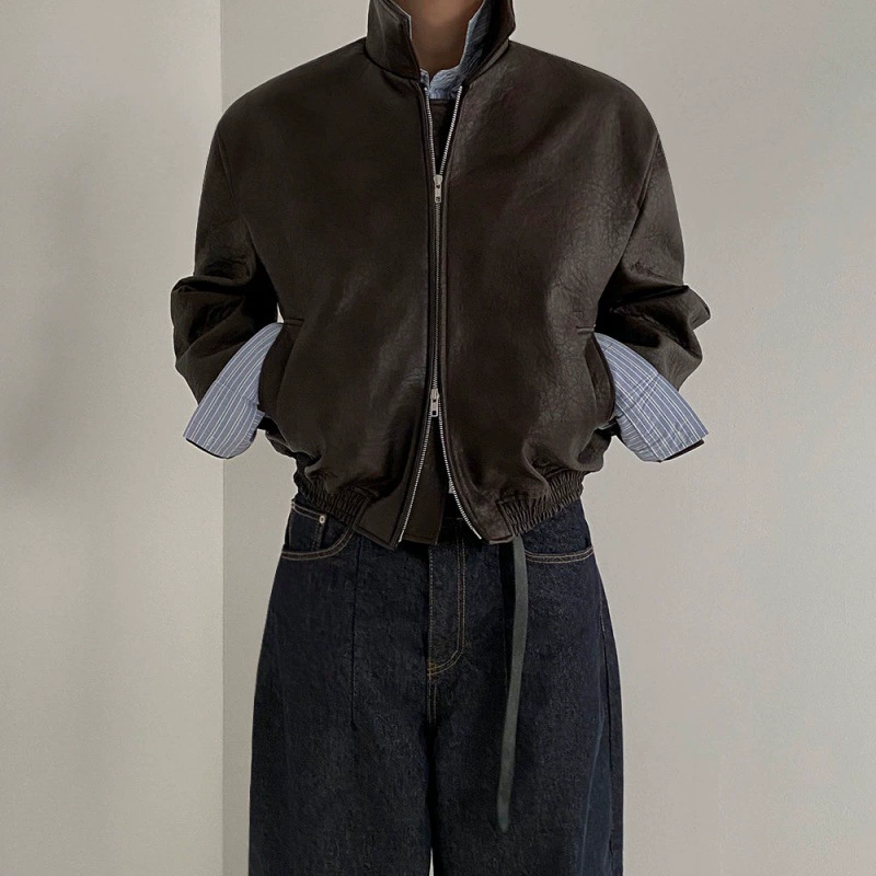 MYQ Maillard ретро короткое кожаное пальто мужское весеннее Свободное пальто с лацканами модная кожаная куртка в Корейском стиле с потертостями