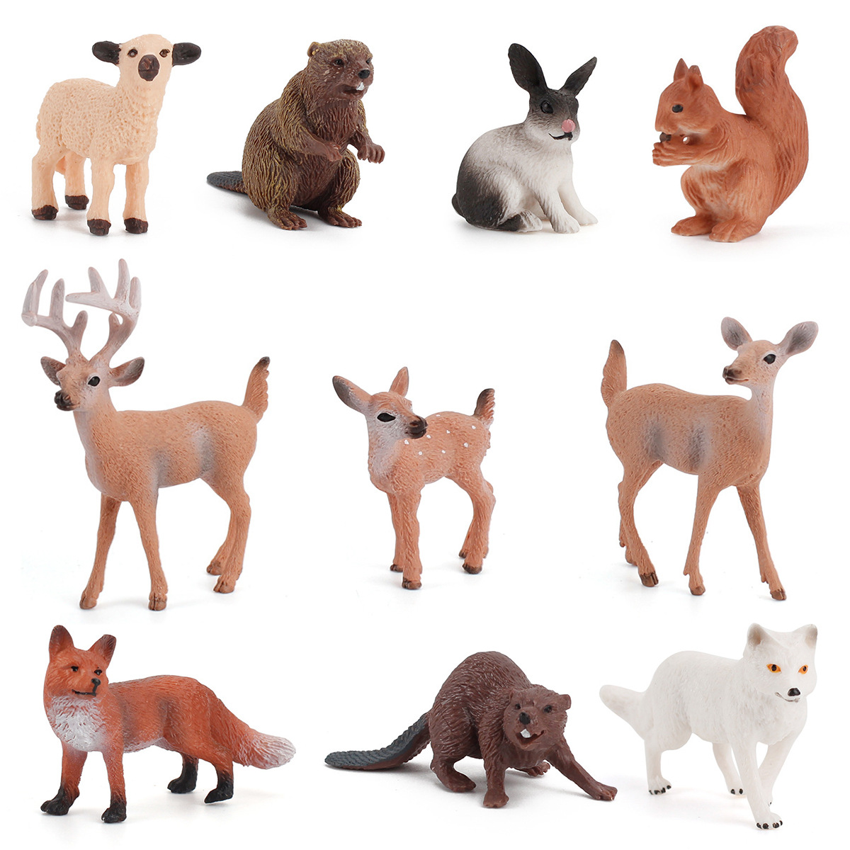 Amazon Venta caliente simulación modelo animal salvaje cola blanca ciervo conejo zorro rojo Castor estático sólido conjunto de 10 piezas
