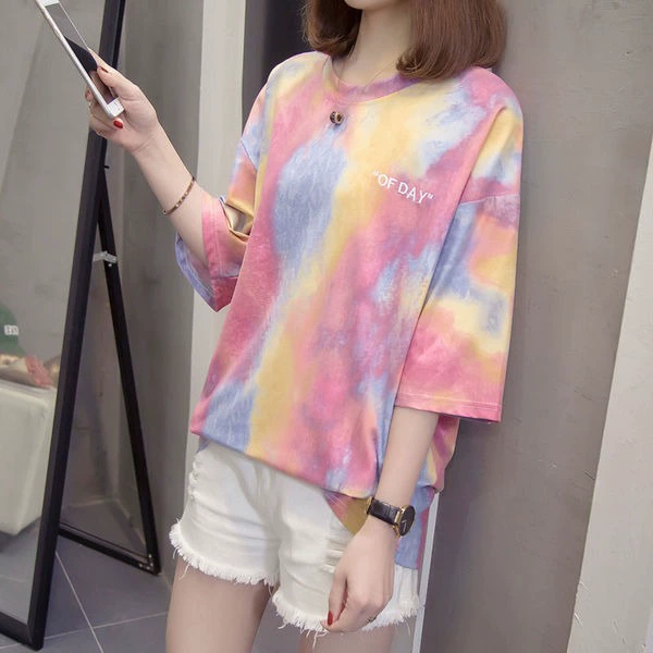 Футболка оверсайз с tie-dye, свободный крой, короткий рукав, размеры M–XXXXL (плюс-вайд)