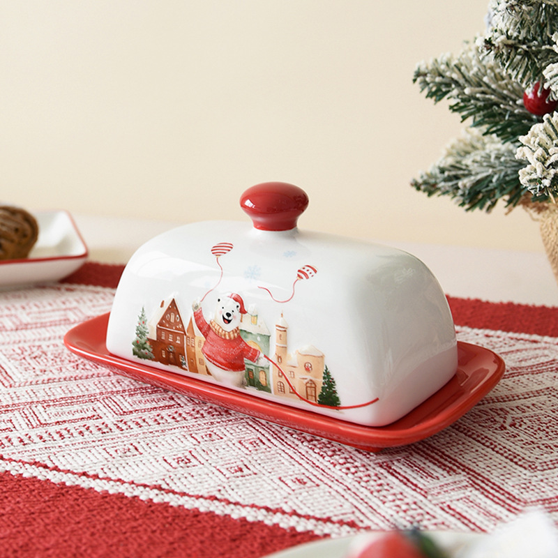 Cerámica de Navidad oso polar estilo sombrero de Navidad cerámica plato de mantequilla relieve nuevo