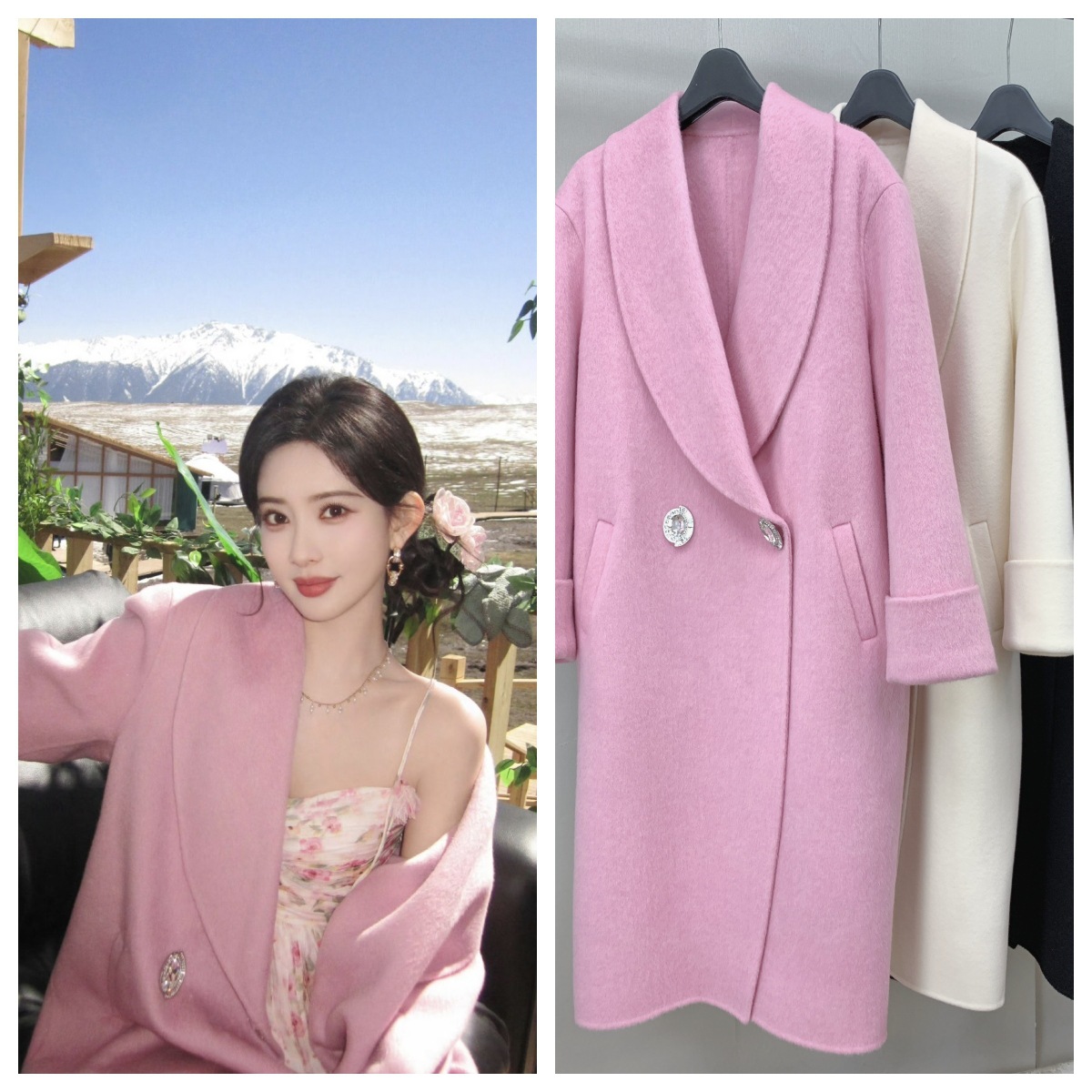 Pink, White and Black Cocoon-Shaped Diamond-Embellished Long Loose-Fitting Celebrity-Style Double-Sided Woolen Outwear for Women