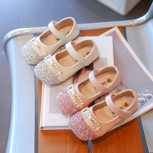 Princess Shoes for Girls, Children's Shoes  New Spring and Autumn Stylish Soft Sole Girls' Leather Shoes with Waterpearls Baby Single Shoes