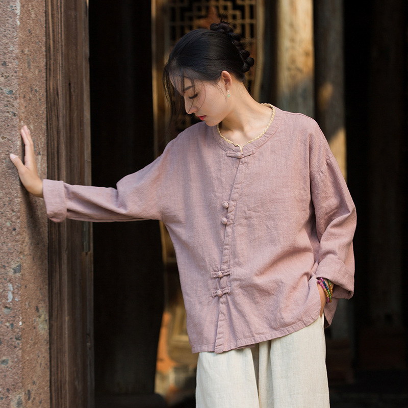 26 Spring/Summer Cotton and Linen Women's New Collection: Ramie Sand-Washed Original Design Blouse with Button Collar and Lace, Chinese Style Improved Shirt