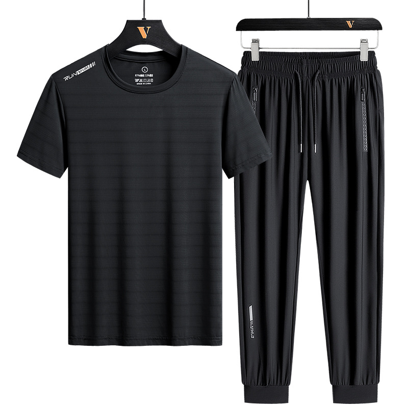 Traje deportivo de seda de hielo para hombres ropa de correr juvenil Verano de secado rápido casual Camiseta de manga corta Pantalones deportes traje de dos piezas