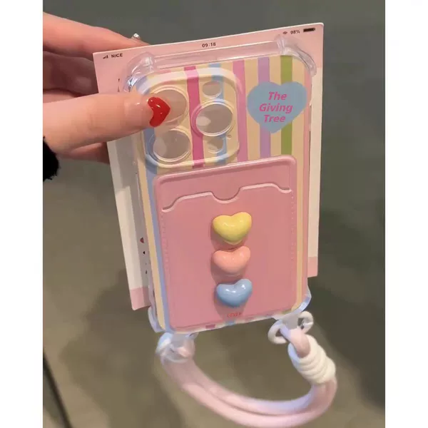 [【挂孔卡包】三个立体彩色爱心+粉白挂绳]