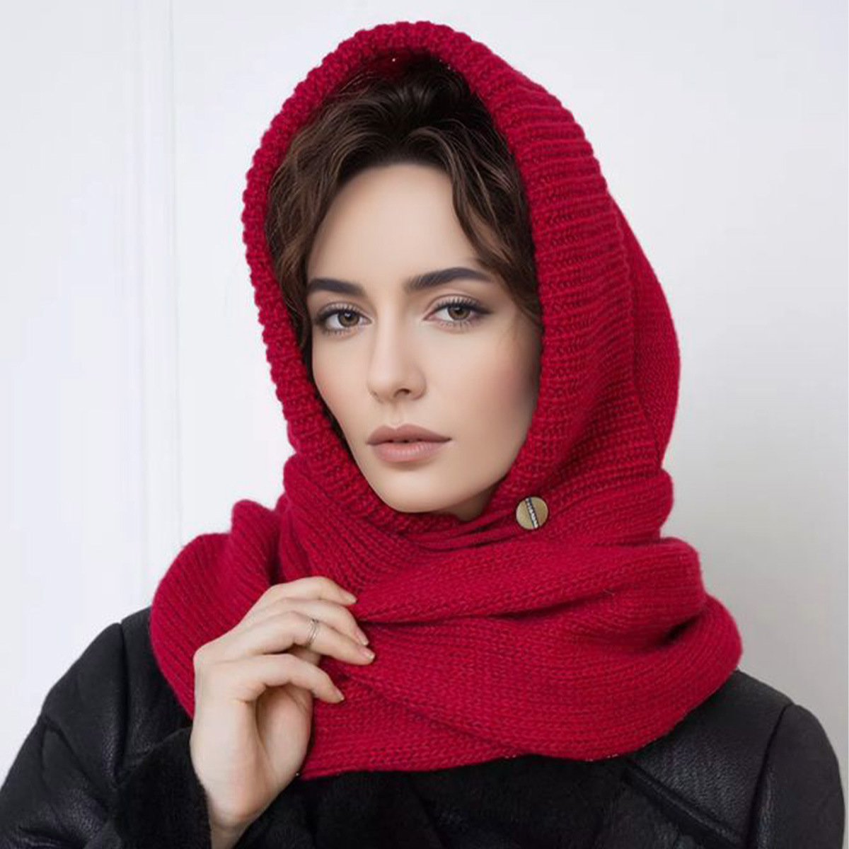 New Style Solid Color Simple Knitted Scarf with Hood, Dual-Use Neck Warmer for Autumn and Winter, Unisex
